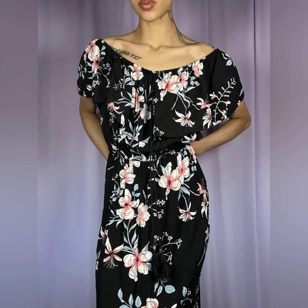 Love J Off-the-Shoulder Lotus Flower Maxi Dress Size 2X Ruffle Double Slit Boho